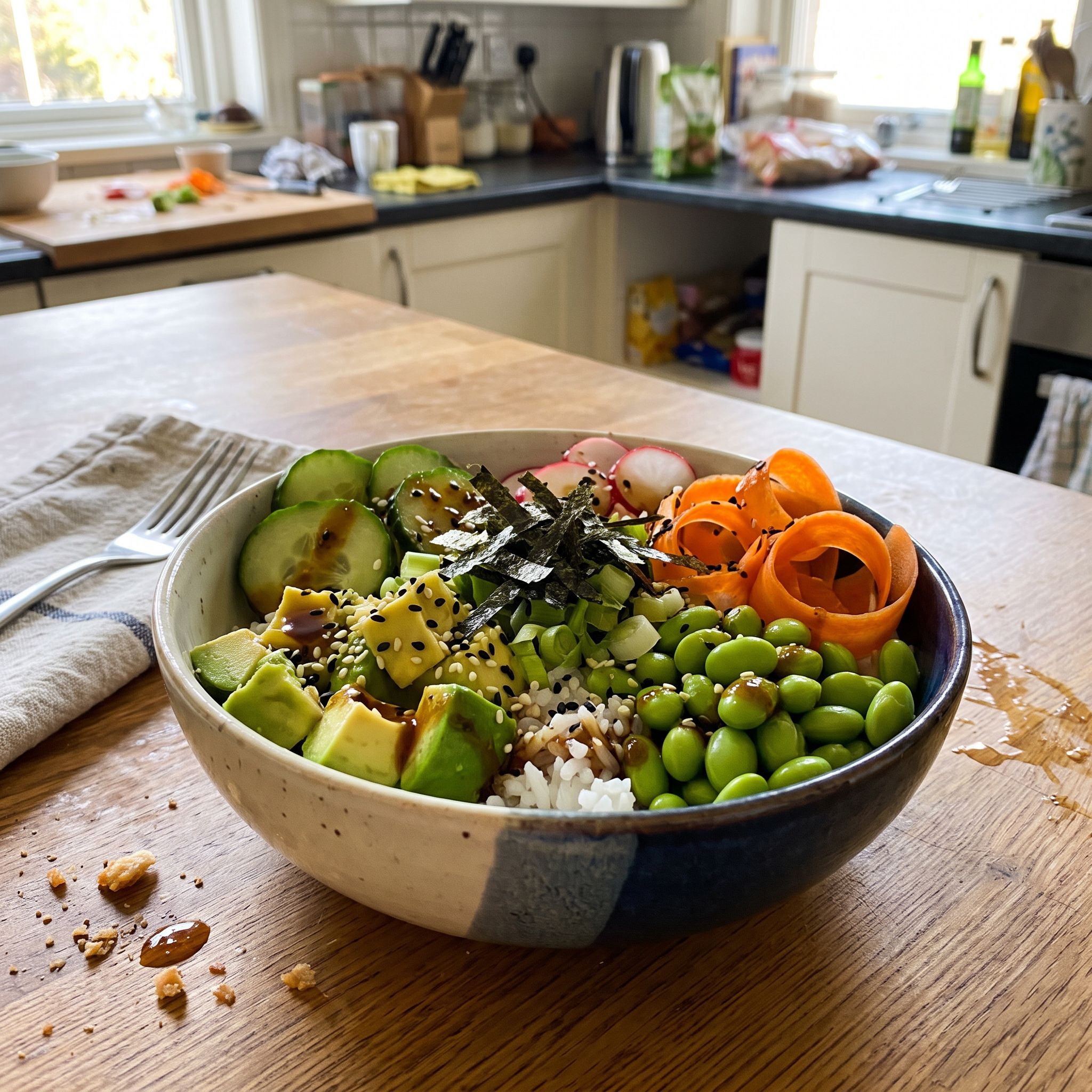 Poke bowl s jazmínovou ryžou, avokádom a edamame